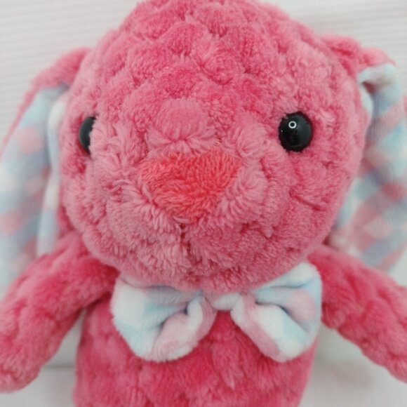 10" Kellytoy PINK Quilted Chenille BUNNY Rabbit Plush with Plaid Ears & Bow tie - Picture 5 of 13